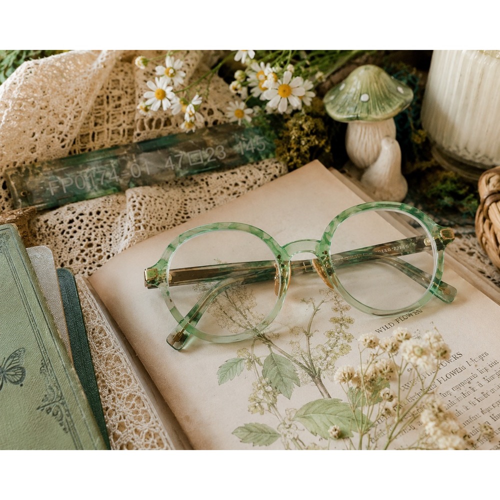Zeelool Dylan Retro Round Eyeglass Frames Green Marble Coastal Artsy Librarian